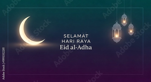 Crescent moon and lanterns with Eid al- Adha greeting on dark gradient background eid al-adha selamat hari raya