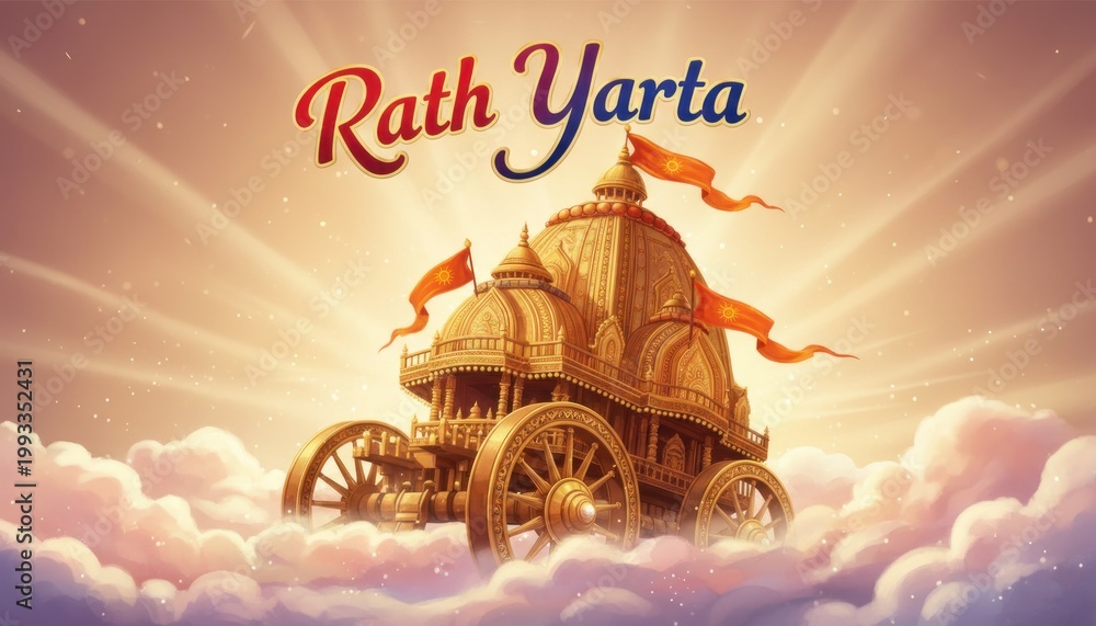 Fototapeta premium Rath Yatra festival illustration, golden temple chariot on divine clouds, sacred Hindu pilgrimage celebration with sunburst background