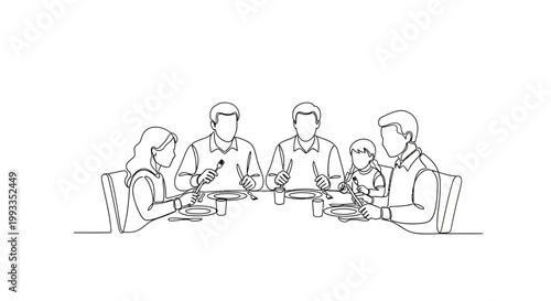 Family Dinner Line Art: Diverse Generations Share Meal Around Table