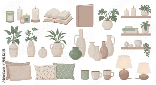 Cozy Home Decor Vector Set with Candles Books Plants Vases Pillows Mugs Shelves Lamps Scandinavian Interior Clipart Bundle