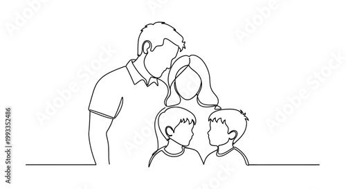 Continuous line drawing of a happy family portrait with parents and two children, minimalist style.