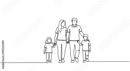 Minimalist Line Art Family Walking Together - Parents and Two Children Holding Hands