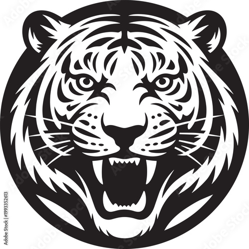 Bold stencil-style vector graphic of a roaring tiger face with wild animal and black and white icon set