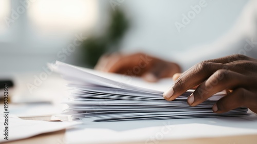 Main posée sur une pile de documents papier dans un bureau