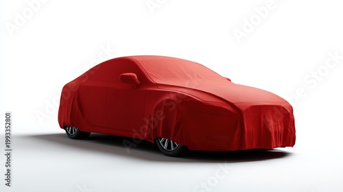 Voiture entièrement recouverte d'une bâche rouge sur fond blanc