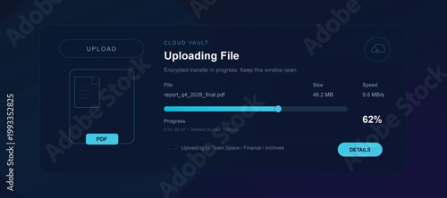 Upload progress bar, file loading animation, blue interface, vector graphic, technology illustration, digital upload process, web design element