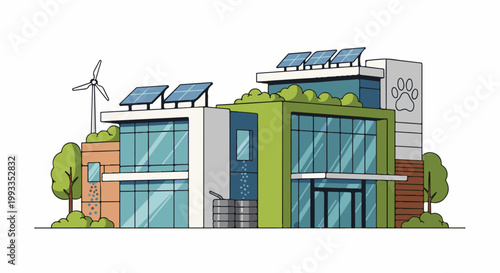Modern eco-friendly building with solar panels, wind turbine, and green roof