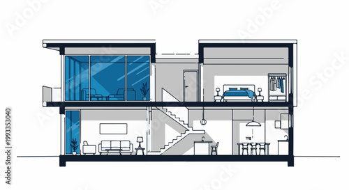 Modern home cross-section showing living, dining, bedroom, and kitchen areas