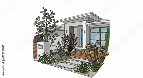 Modern home entrance with native flora, walkway, and minimalist planter