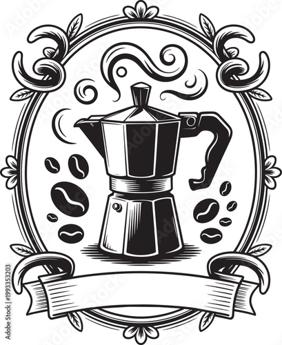 Vintage coffee badge with moka pot and baroque frame with coffee maker, coffee beans, and black and white