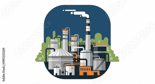 Modern industrial plant with smokestack emitting white plumes against a dark blue sky