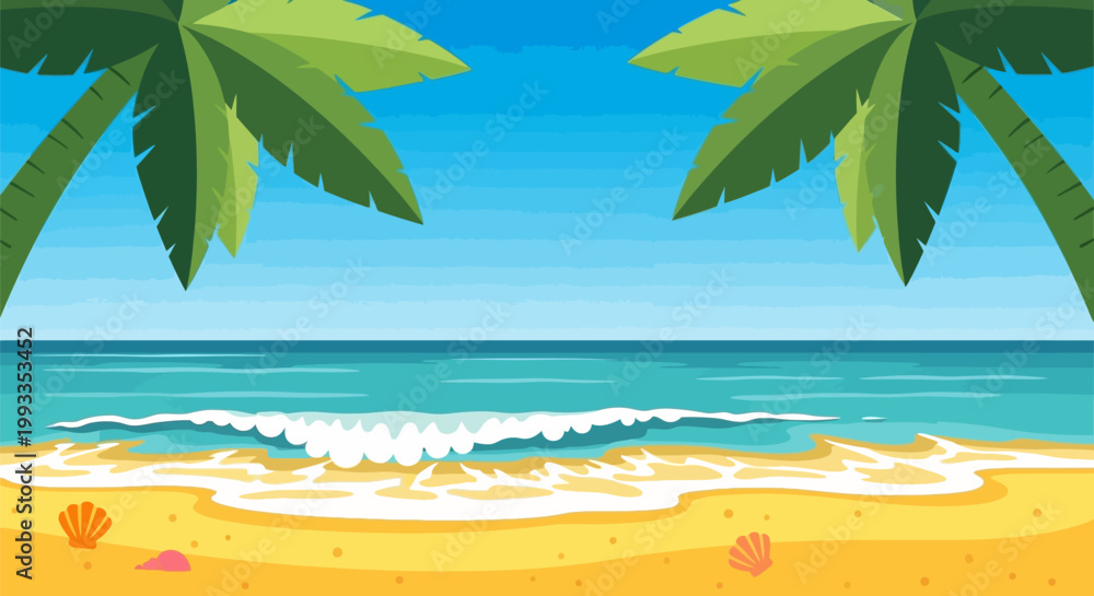 Obraz premium Tropical beach scene with palm trees and ocean waves.