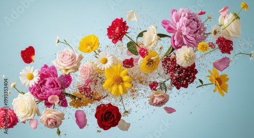 Swirling cascade of roses, daisies, and peonies bursting across a blue sky background, capturing motion, fragrance, and the joyful chaos of spring blossoms

