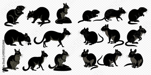 Set of various rodent and animal silhouettes in different poses, black and white vector illustration.