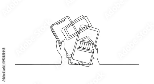 Hands holding smartphones with bank app and financial icons, online banking concept