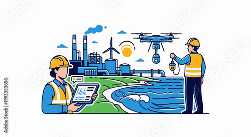 Industrial workers use drone and tablet to monitor coastal energy facility