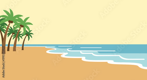 Tropical Beach Scene with Palm Trees and Ocean Waves.