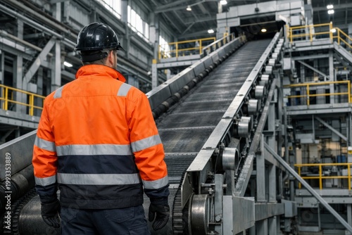 Worker observing industrial conveyer line inside modern factory unit. Ai generative