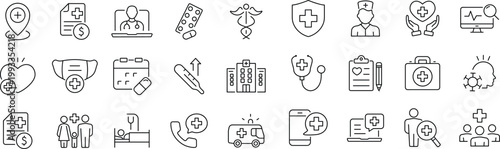 Healthcare set of web icons in line style. Editable stroke.  Medicine and Health Care linear icon collection. Containing emergency, doctor, treatment, medical, report, diagnosis, health, prevention.
