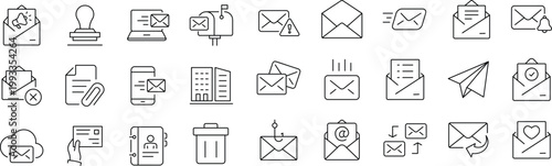 Email Web Icon Set in Line Style. Editable Stroke. Collection of E-mail and Letter Linear Icons, Including mail, envelope, email, postal, letter sent, inbox, new mail, reply and forward mail and more.