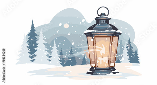 Lit lantern in snowy forest with faint moonlight