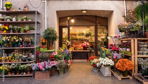 cosy floral shop with shelves of flowers and garden decorations