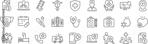 Corporate Web Icon Set in Linear Style. Editable stroke. Collection of corporate business, line icons, including business Healthcare set of web icons .