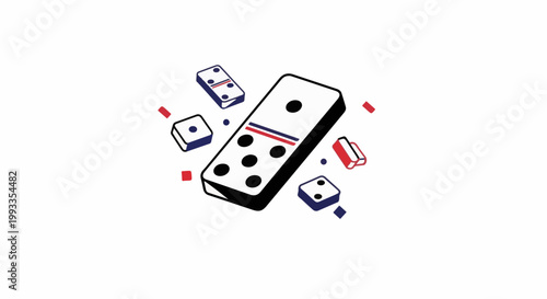 Isometric dominoes and scattered pieces in red, blue, and white hues