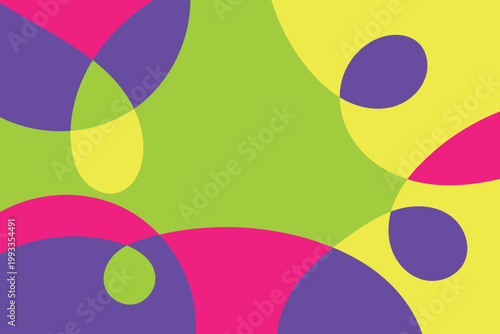 A background featuring overlapping colorful geometric shapes. A contemporary style using circular and flowing lines. Vibrant, saturated colors include hot pink (magenta), purple, yellow, and light gre