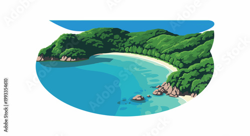 Lush green hills cradle a tranquil, turquoise bay with a sandy shore and scattered rocks