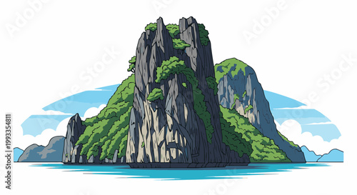 Jagged, lush green limestone karst islands rise dramatically from clear turquoise waters under a bright sky