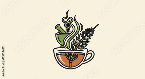Herbal tea with a mortar and pestle, plant and medical symbol