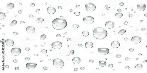 A macro texture of clear water drops and transparent bubbles creates a clean, fresh aqua pattern on a wet blue glass surface