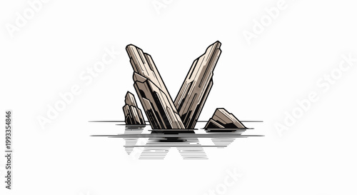 Jagged rocks rise from tranquil water, casting sharp reflections