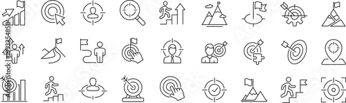 Target set of web icons in line style. Editable stroke. Goal target and mission success linear icon collection. 
