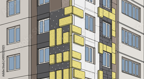 Isometric view of building facade undergoing external wall insulation