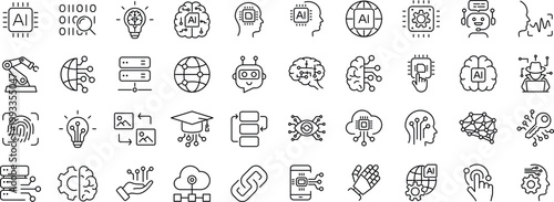 Artificial intelligence set of web icons in line style. Editable Stroke. AI technology icons for web and mobile app. Machine learning