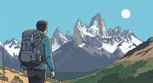 Hiker gazes at majestic snow-capped peaks under a bright sun