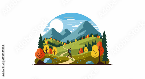 Hiker walking on a path through a mountain landscape during autumn