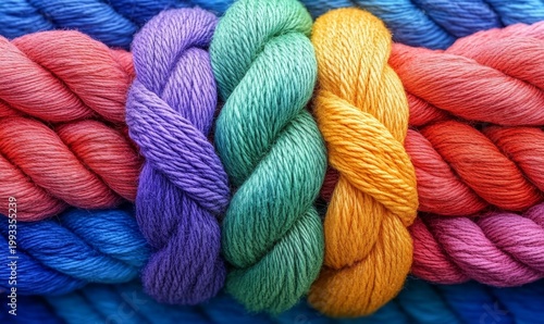 Colorful Yarn Skeins Stacked - Variety of Hues for Knitting and Crochet