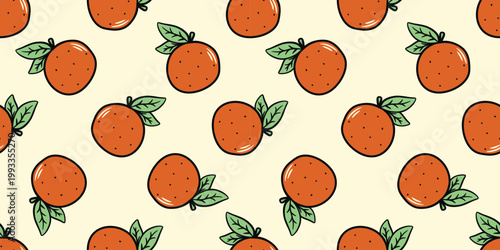 Bright summer modern fruit seamless pattern. Background with hand-drawn stylized mandarins with leaf. Healthy organic food print for packaging, paper and design. Vector graphic