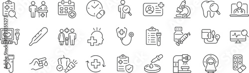 Health checkup Web Icon Set in Linear Style.  Editable stroke. Collection of medical check up, line icons, including healthcare, diagnosis, hospital, stethoscope, tests, health insurance, patient.