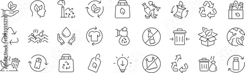 Zero Waste set of web icons in line style. Editable stroke. A collection of eco linear icons, including recycling, waste management, composting, trash, pollution, landfill, composting, waste sorting.