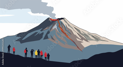 Hikers observe a volcano erupting with lava flowing down its side under cloudy skies