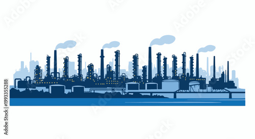 Industrial refinery complex with many pipes, tanks, and smoking chimneys under a light blue sky, with a blue water body below