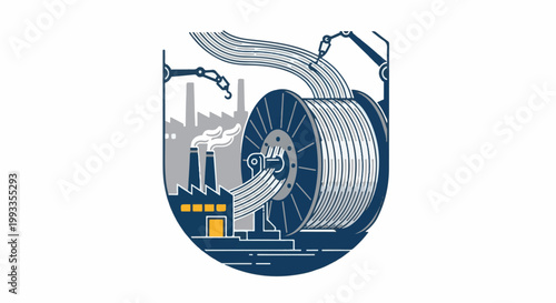 Industrial scene with automated arms winding cables onto a massive spool