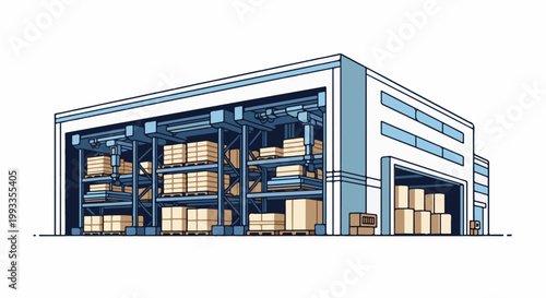 Industrial warehouse with automated shelving systems holding stacked boxes