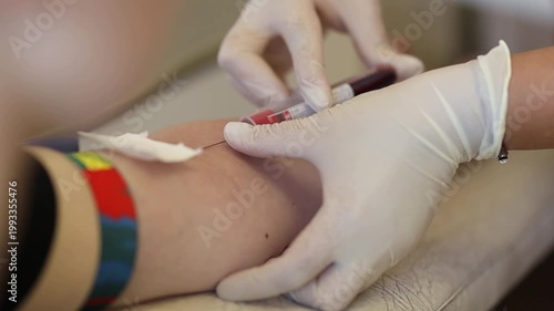 Blood donation concept. A donor gives blood. A close-up of a hand with a small blood bag attached during a blood donation. Donating blood for the military.