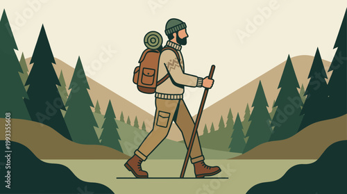 Adventurous Trailblazer: A determined hiker, equipped with a backpack and walking stick, embarks on a journey through a serene forest landscape.