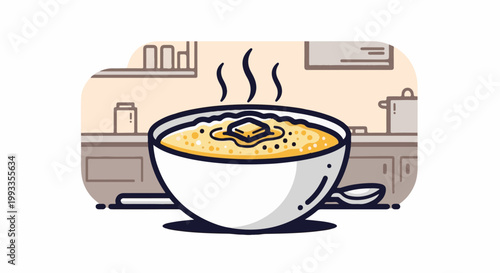 Hot bowl of porridge with melting butter and steam, in a kitchen